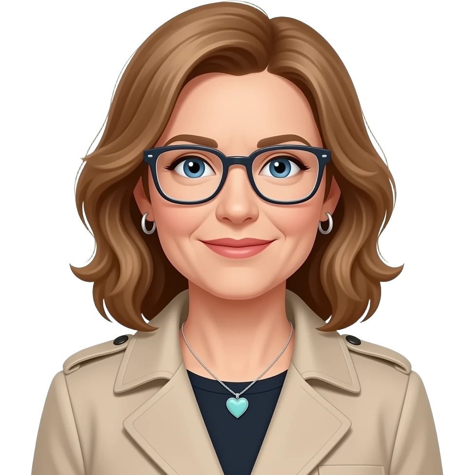 AJM - woman, blue eyes, mid 40's age, silver small hoop earrings, light brown hair, rectangular glasses, shoulder length wavy hair, small tiffany heart necklace, ted baker coat emoji