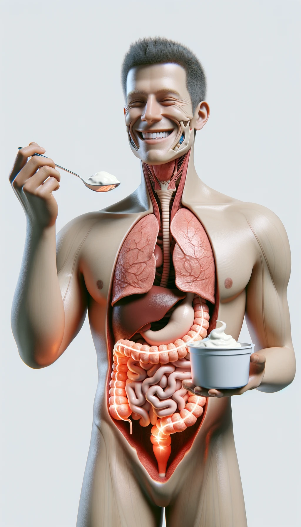 corpo umano anatomico con intestino in evidenza mentre mangia uno yogurt con espressione felice in volto, iperrealistico 4k, isolato su sfondo bianco emoji