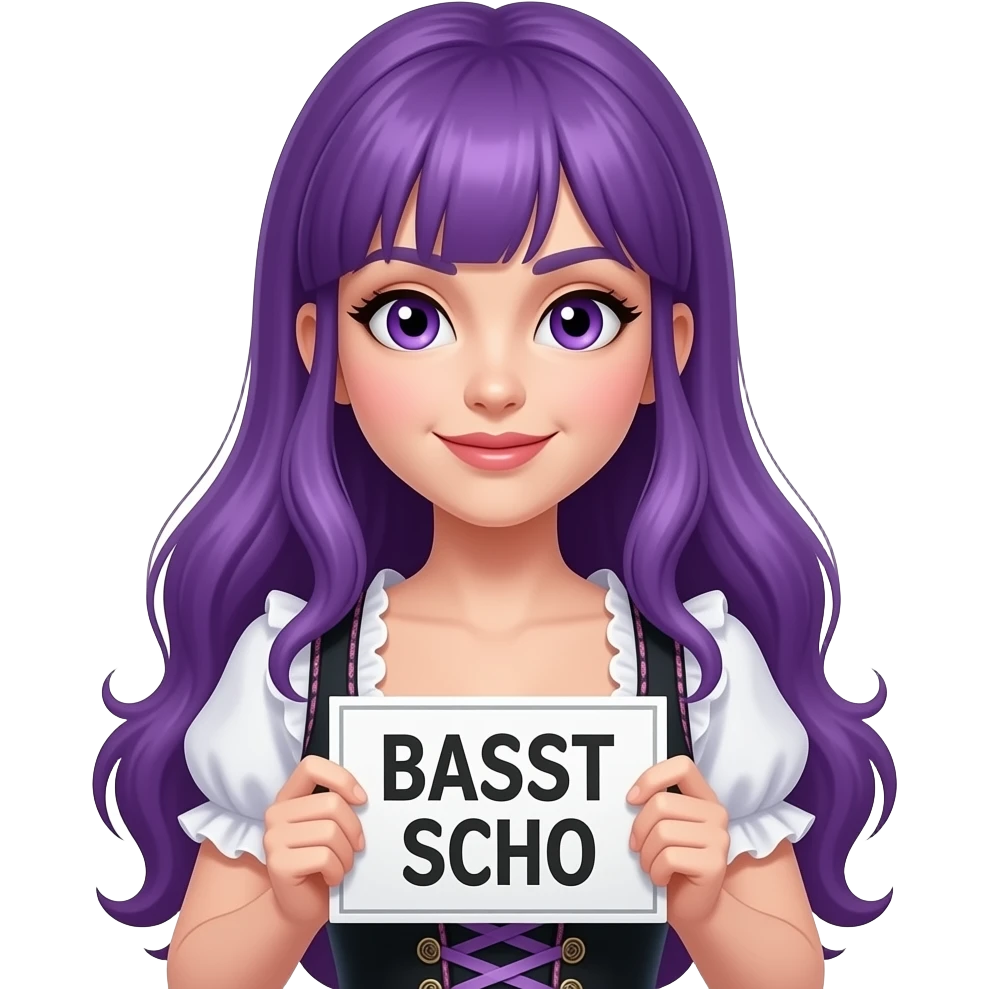 sexy girl with long purple hair and purple eyes wearing a dirndl holding a BASST SCHO sign emoji
