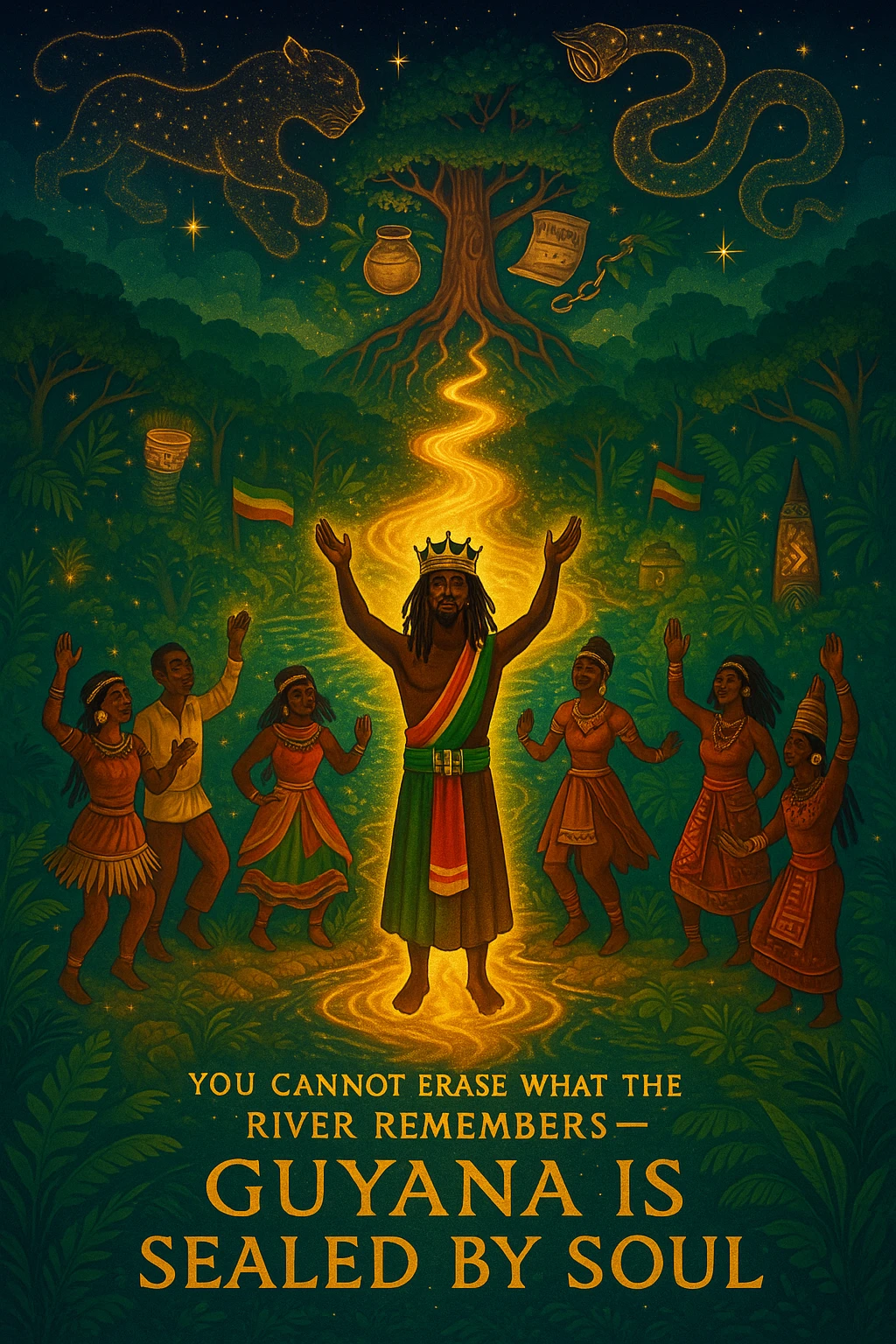 A vivid, spiritual illustration of Guyana reborn as a land of divine rhythm, ancestral return, and natural royalty. In the heart of the image flows the mighty Essequibo River, glowing with golden energy — a symbol of memory, healing, and spiritual current. Surrounding the river are lush, enchanted rainforests pulsing with hidden drums, glowing symbols, and jungle spirits made of light.

At the center, a crowned I-tal figure (part Rasta, part ancestral guardian) stands barefoot in the river, arms raised, channeling the rhythm of the land into the sky. Around them: a ring of spirit dancers echoing maroon heritage, Amerindian wisdom, and African soulfire — dressed in ceremonial garb, dancing in sync with the heartbeat of the earth.

Above, the stars form the shape of a jaguar and a giant serpent intertwined — the twin protectors of Guyana. Behind them, a mighty temple-tree rises from the jungle canopy, its branches holding sacred items: a calabash, a broken colonial chain, a conch shell, and a scroll titled “Undivided.”

Sacred text etched into the riverbank reads: “You cannot erase what the river remembers — Guyana is sealed by soul.”

The colors should reflect spiritual awakening: deep emerald, fire-gold, sunrise orange, and night-sky indigo. Mist, ancestral drums, and glowing Rasta flags should blend into the atmosphere — making this a vision of both resistance and rebirth. emoji