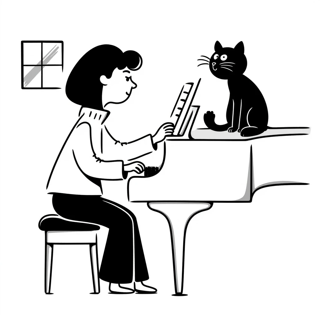 woman playing piano while her cat sits on top of the piano emoji