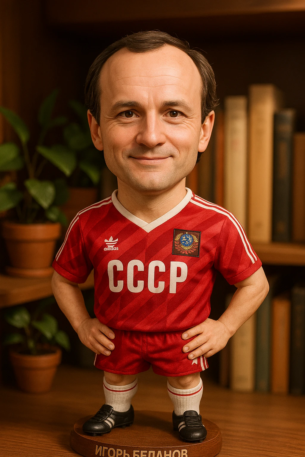 Игорь Беланов в форме сборной СССР 1986 года смотрит на прямо на зрителя и слегка улыбается, освещение с левой верхней стороны кадра emoji