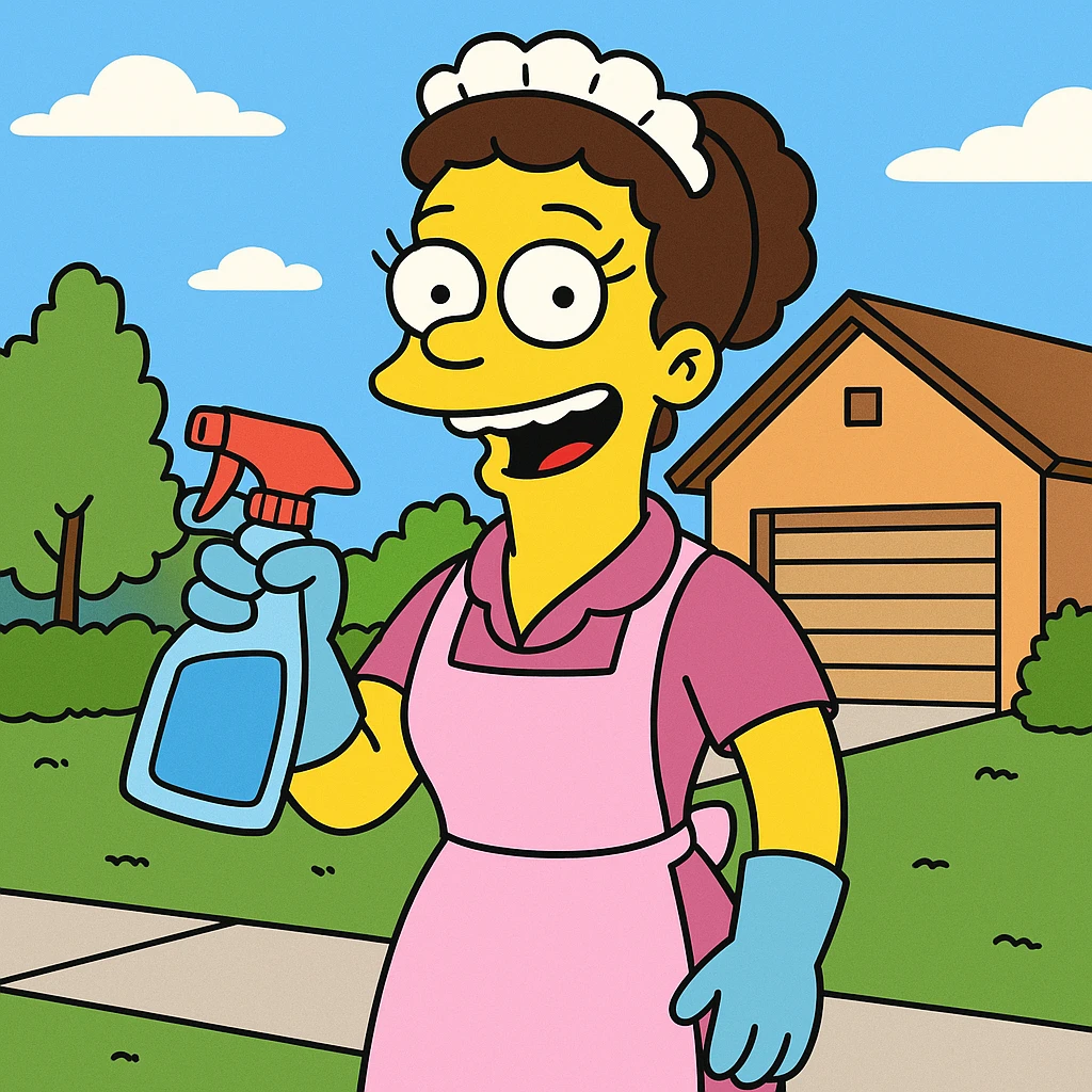 Simpsons-style cleaning lady, yellow skin, pink apron, holding cleaning spray, cartoonish look emoji