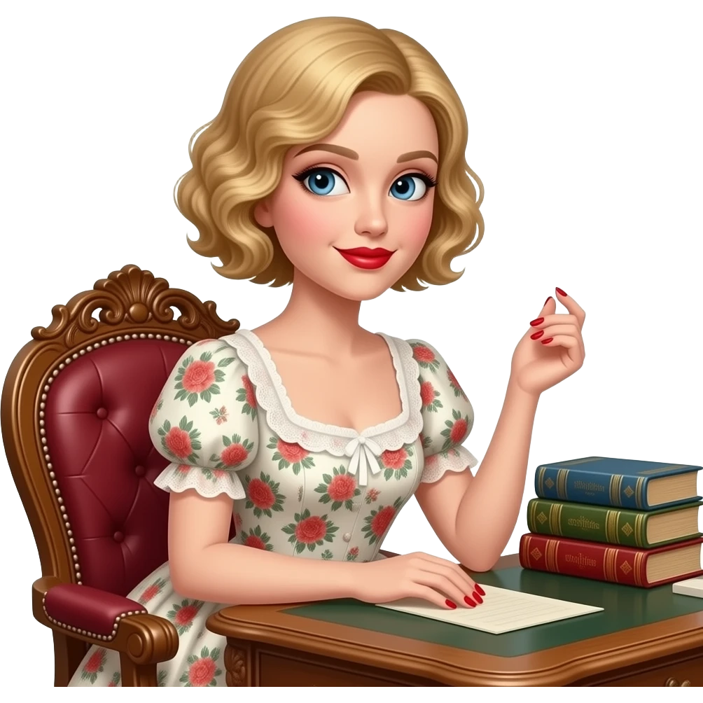 short blonde curly hair side swept bob a few antique books with Victorian floral dress, with red lipstick, red finger nail on an antique desk emoji