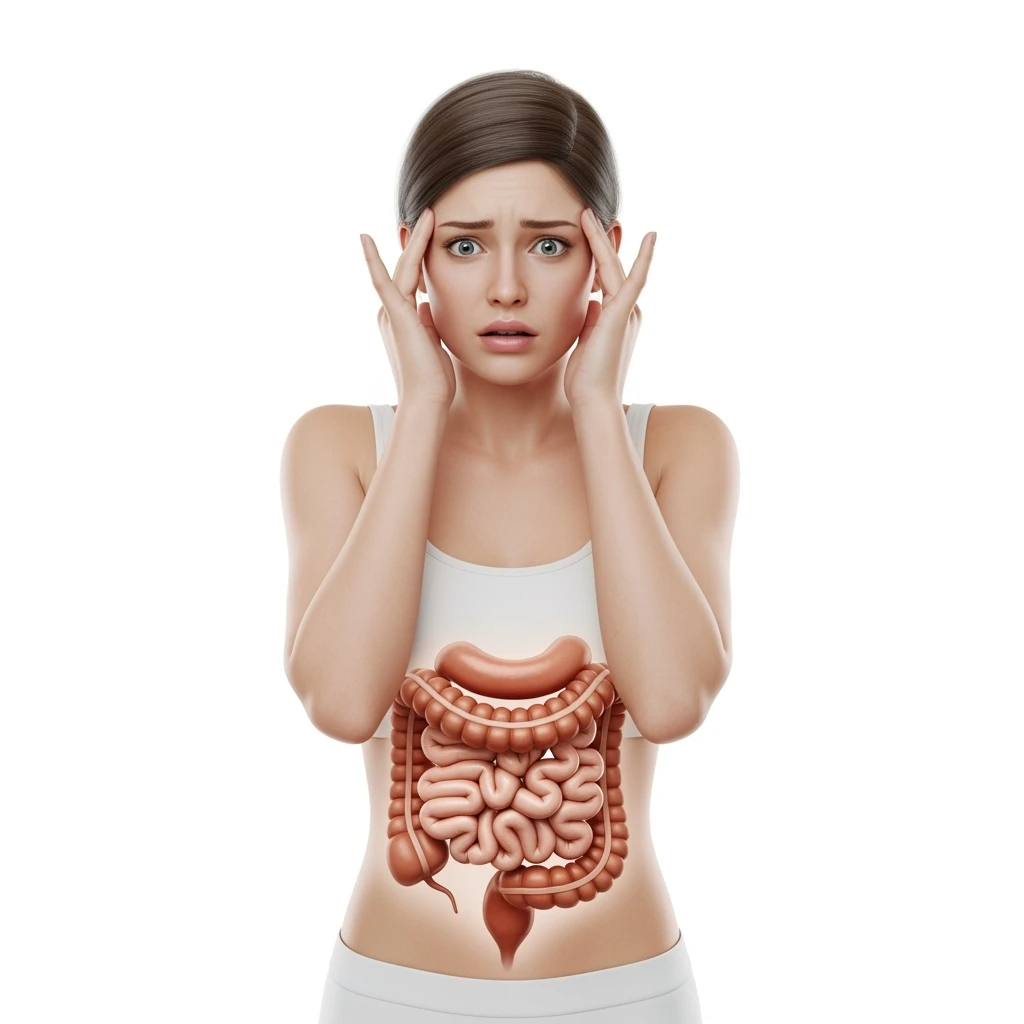 DONNA ANSIOSA CON INTESTINO UMANO ANATOMICO REALISTICO VISIBILE, SI TIENE LE MANI SULLE TEMPIE, iperrealistico 4k, SFONDO BIANCO emoji