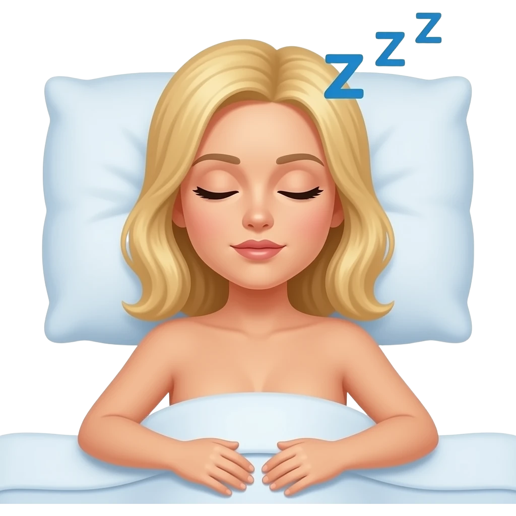 a tanned blonde woman sleeping shirtless in bed with zzz over her head emoji