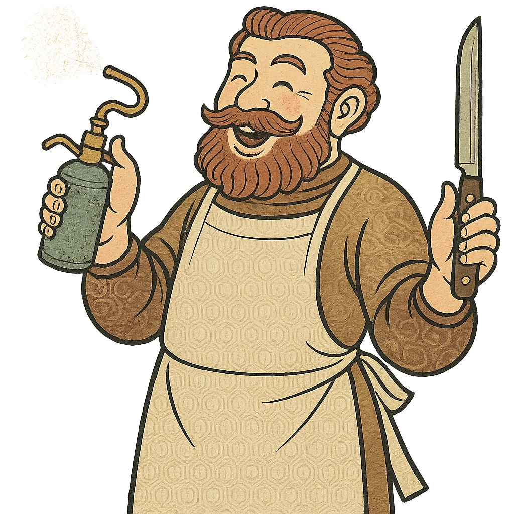 A happy victorian surgeon with a beard holding a carbolic spray in one hand and a surgeons knife in the other emoji
