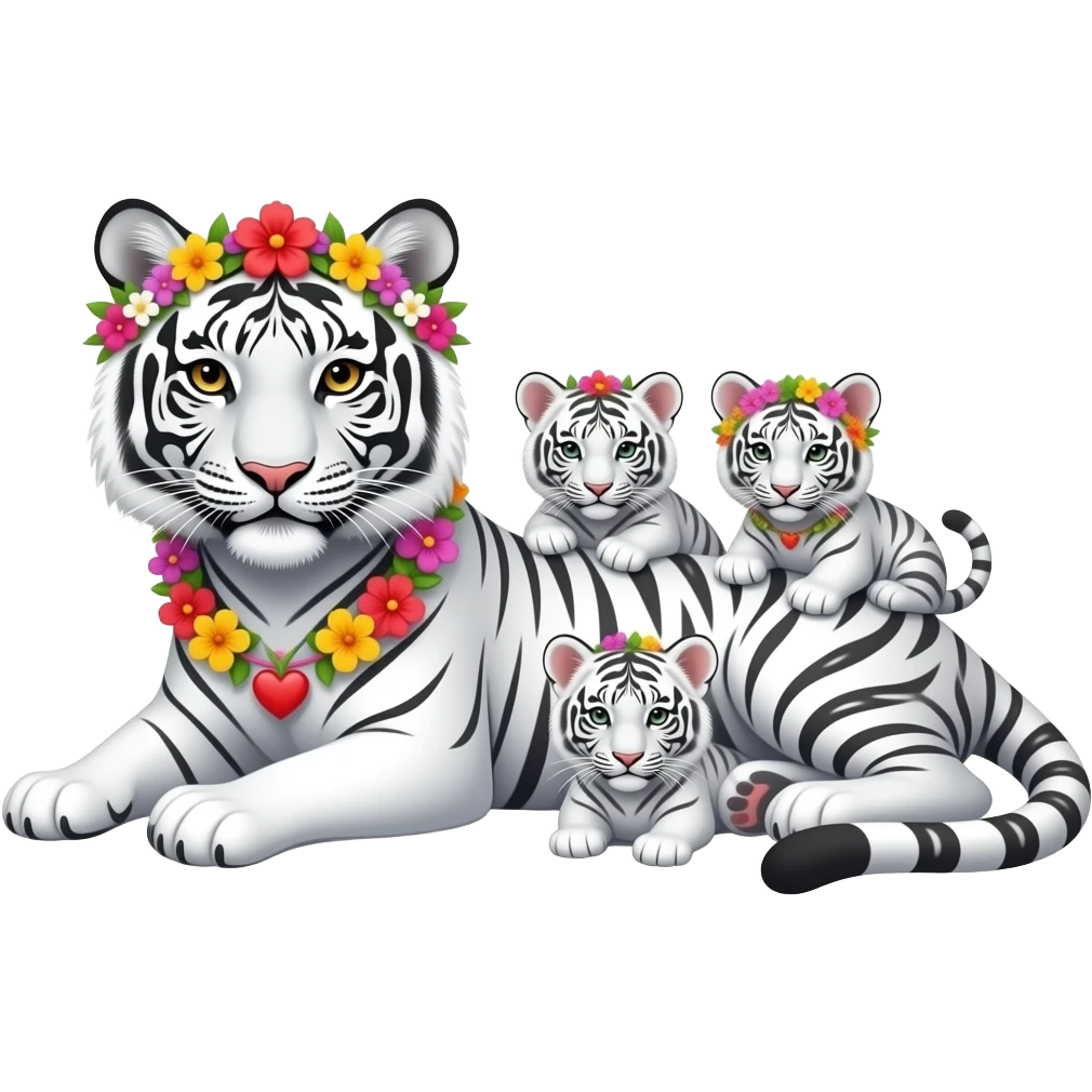 1Mumma White mountain tiger laying with 3 baby cubs and garland  of flowers and hearts emoji