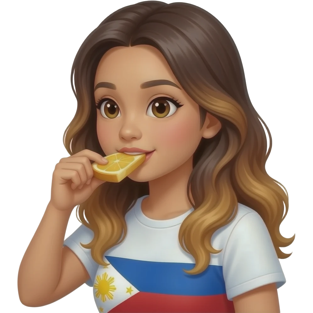 Beautiful Filipino girl beautiful eyes with long wavy hair balayage eating breakfast look at food  side view emoji