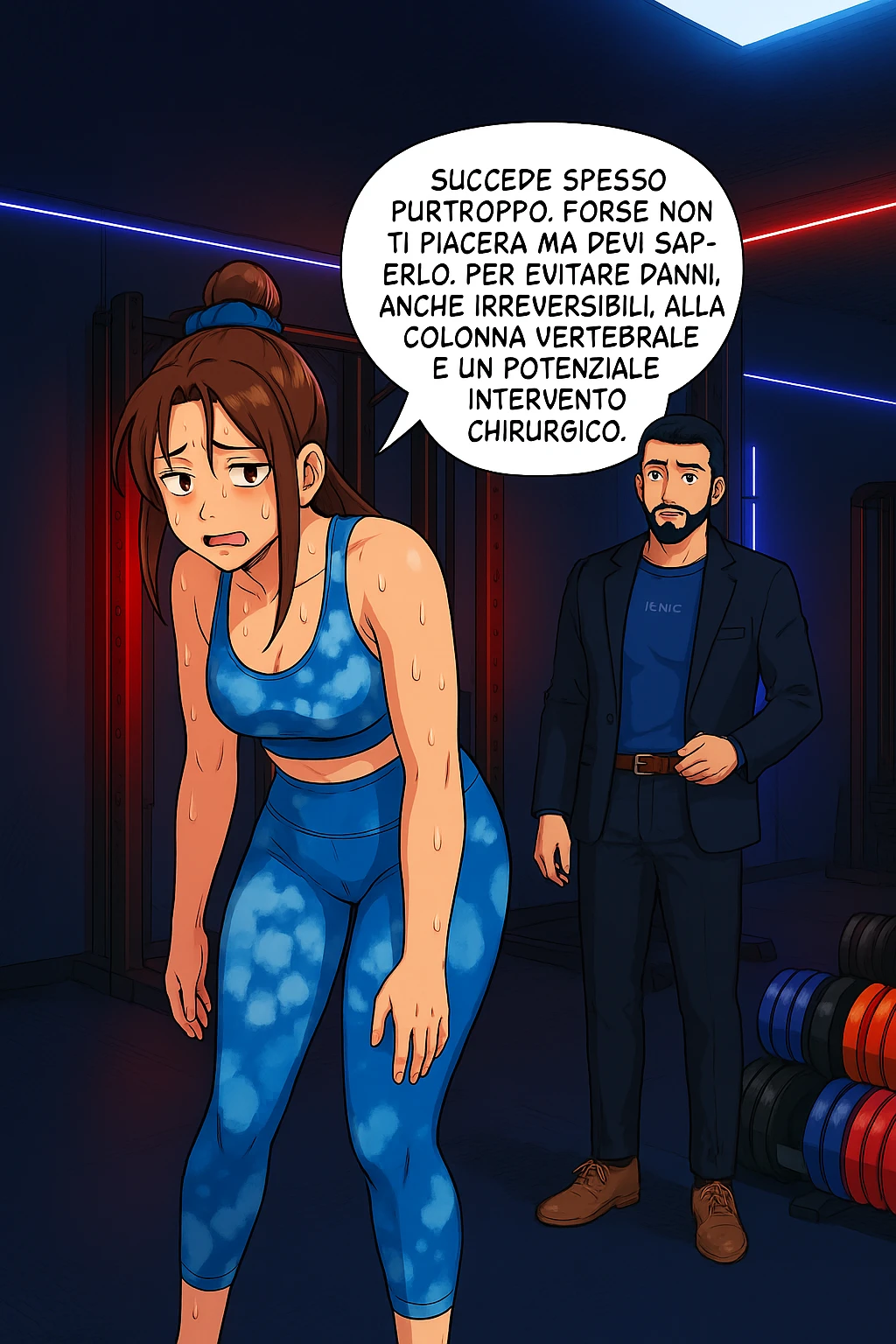 fai questa immagine in versione fumetto/manga/webtoon a colori, il manga mostra l'uomo che risponde alla donne:
Succede spesso purtroppo. 
Forse non ti piacerà ma devi saperlo, per evitare danni, anche irreversibili, alla colonna vertebrale e un potenziale intervento chirurgico. emoji