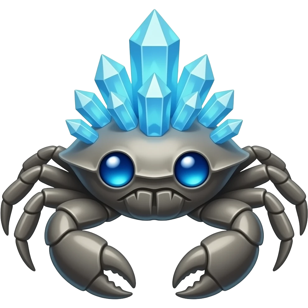 A Gray crab with crystals on its back with blue glowing eyes emoji