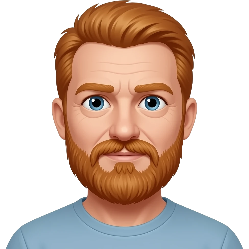 A white man with short straight ginger hair. He has a long ginger beard and a moustache. He has wrinkles. emoji