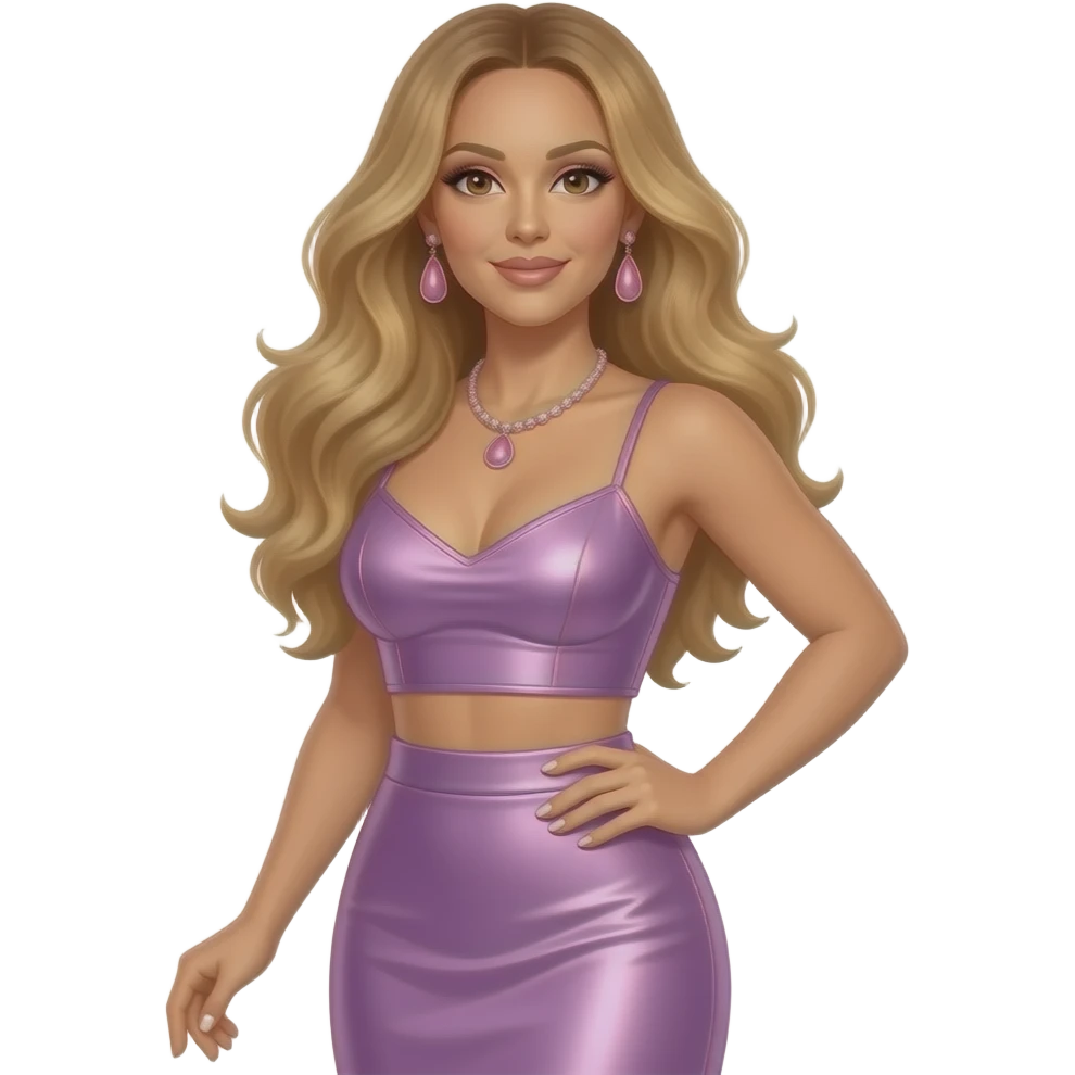 Mariah Carey with brown eyes, long golden brown hair, lavender pink metallic crop top and long skirt, pink necklace and earrings emoji