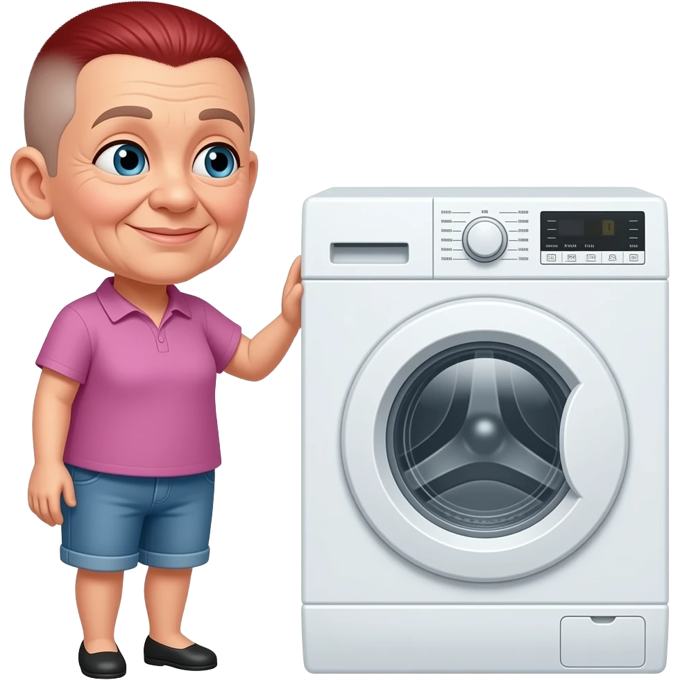 elderly small woman.razor cut very short red hair. in love with her new washing machine emoji