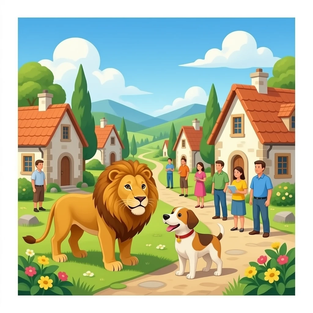 quiero un pueblo donde las personas tengan que aprender a vivir con un leon y un perrro por si un dia volvian al pueblo y que sea realista emoji