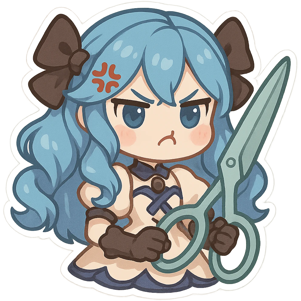 Gwen from League of Legends, chibi style, angry emote, oversized scissors, blue hair, pouty face, cute doll-like expression emoji