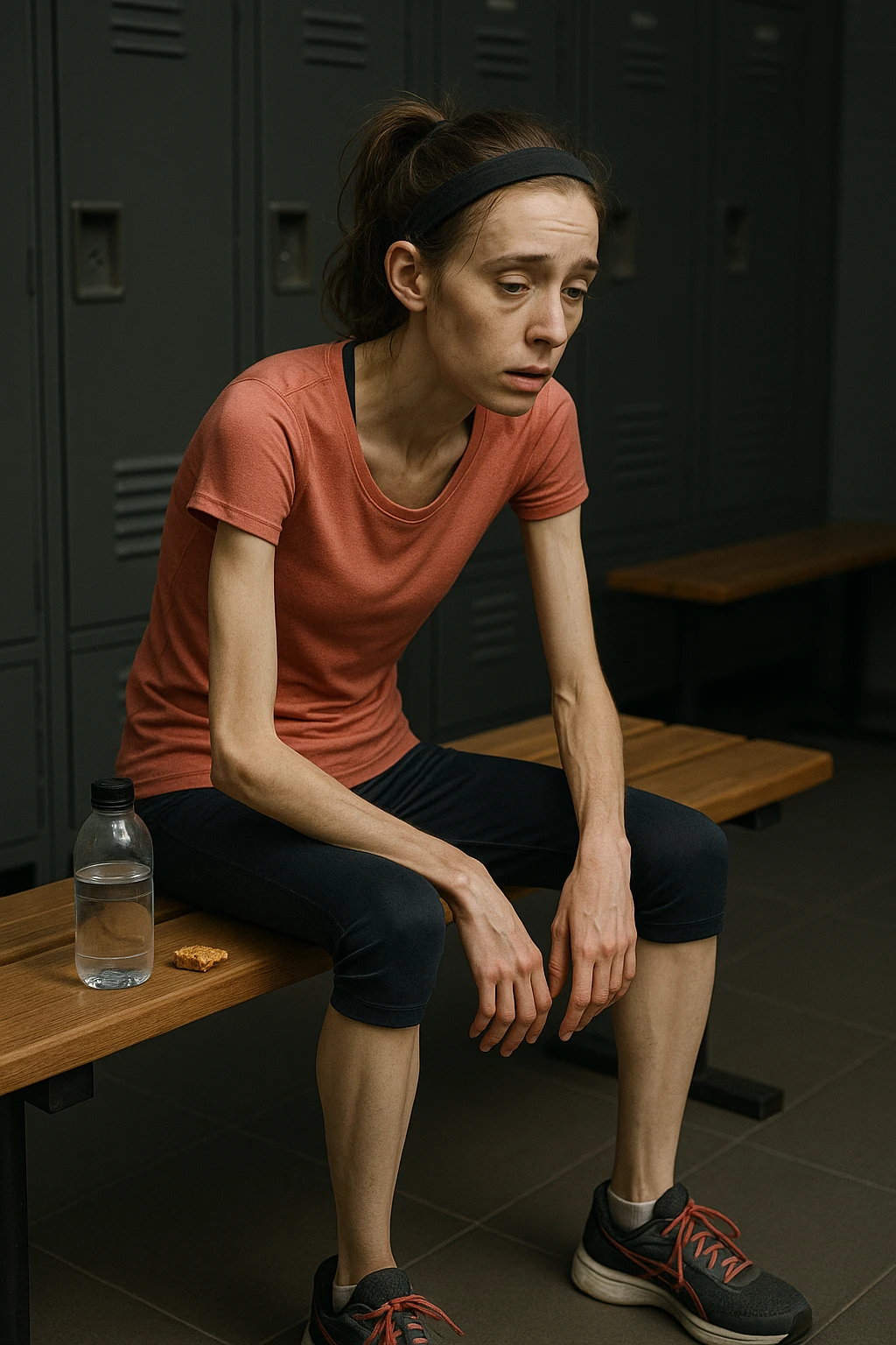 3D rendered scene: a woman in her 20s wearing running clothes sits on a bench in a locker room, looking exhausted and weak. Her face shows signs of fatigue, and her limbs appear thin and lacking muscle tone. A water bottle and a small, half-eaten snack are beside her, hinting at insufficient nutrition. The environment is realistic, with a focus on her physical and emotional state. emoji