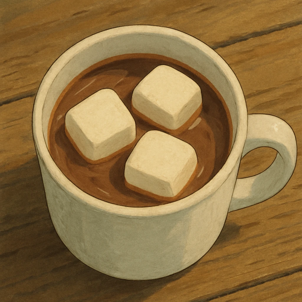 birds eye view of realistic hot chocolate white mug with three big marshmallows in it emoji
