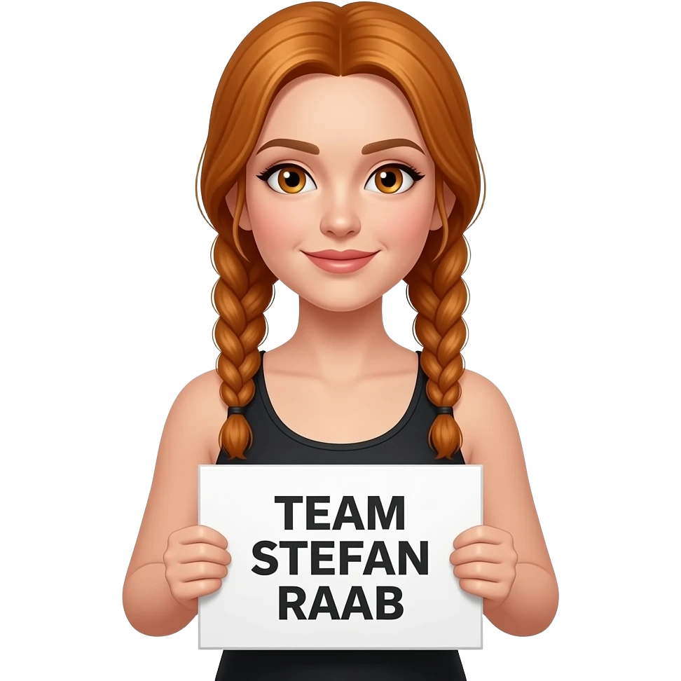 sexy girl with long ginger braids and ginger eyes wearing a black tanktop is holding a white sign with TEAM STEFAN RAAB written on it emoji
