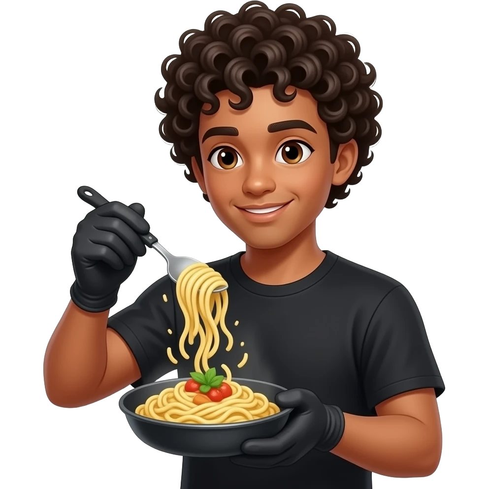 22 year old, Olive skin male, with curly hair, with almond eyes, black T-shirt, black gloves, cooking pasta emoji