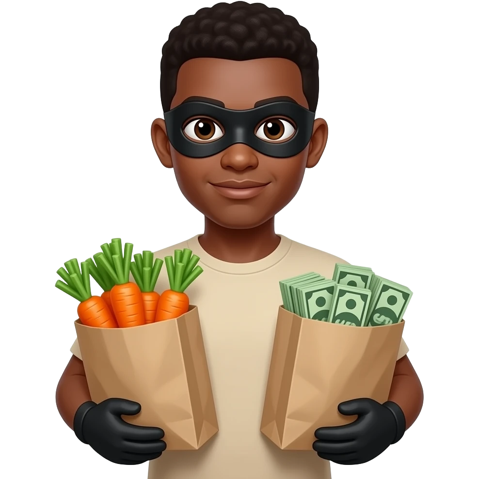 Tan black young man holding grocery bags full of carrots and money wearing a black robber mask emoji