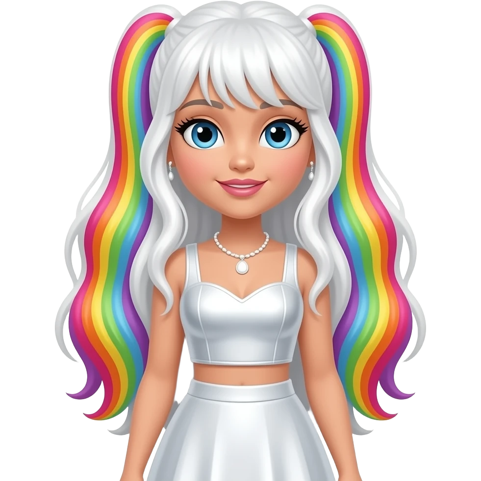 Amaya Raine from Rainbow High with blue eyes, long white hair with rainbow highlights, white metallic sweetheart crop top and long skirt, white necklace and earrings emoji