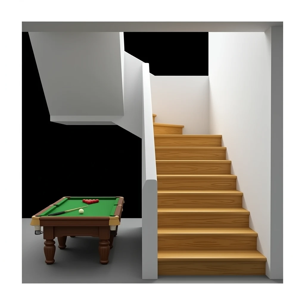 Des marches d’escaliers en bois de chêne entre deux murs blanc et à gauche un billard, arrière plan noir emoji