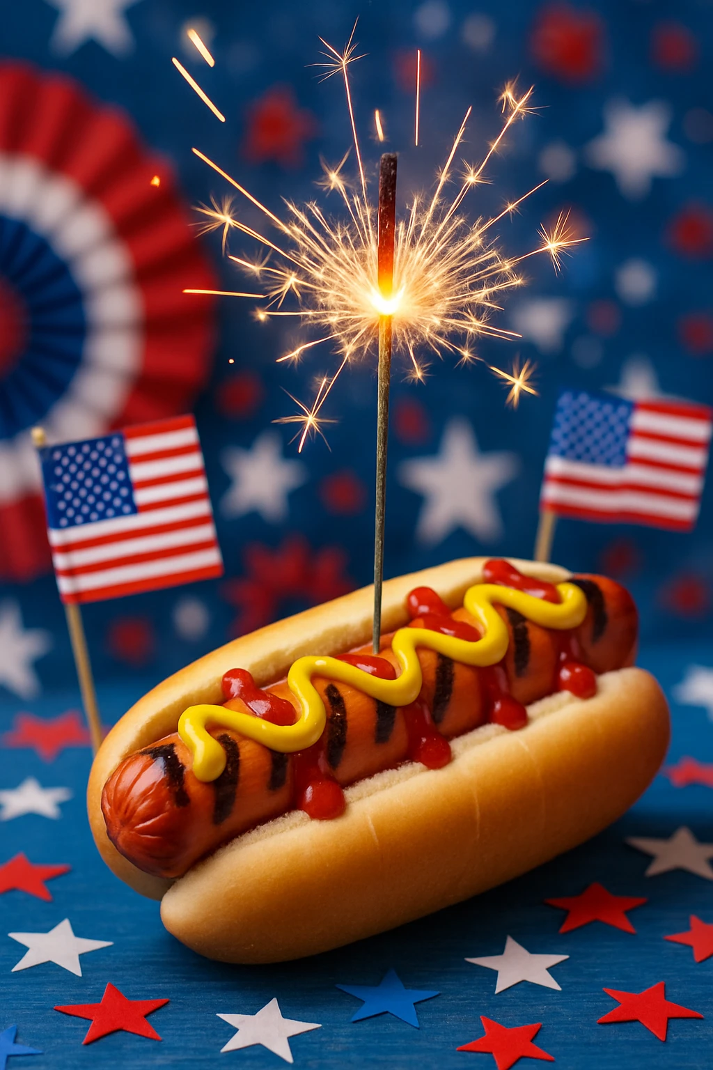 grilled hot dog with sparkler, Fourth of July theme emoji