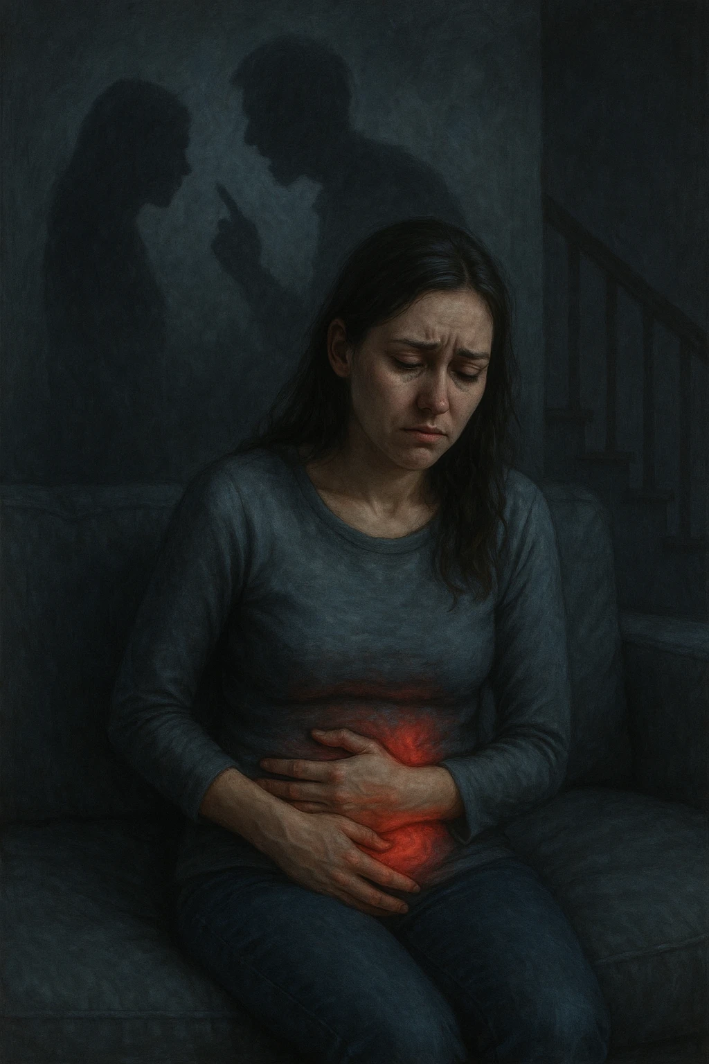 Donna sui 30 anni seduta su un divano, con una mano sull’addome e un'espressione visibilmente provata e triste. Intorno a lei, l’atmosfera è opaca e pesante, con toni freddi. Un’ombra simbolica dietro di lei rappresenta un evento stressante recente (es. un litigio o una perdita). Sul corpo, un lieve bagliore localizzato nella zona intestinale, a simboleggiare il dolore e l'infiammazione. Ambiente domestico, luci basse, emozione visibile. Stile realistico o metaforico con elementi emozionali e viscerali. emoji