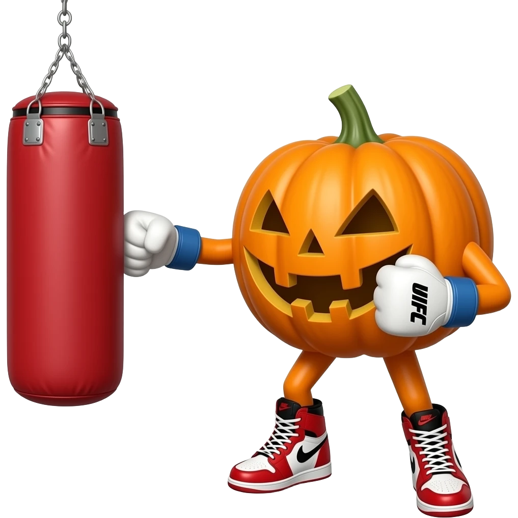 A standing pumpkin with Nike high tops and UFC gloves on hitting a punching bag emoji