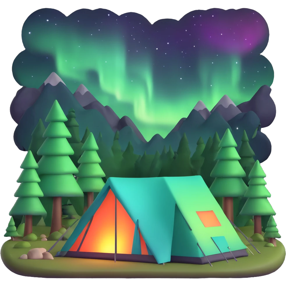 camping tent in forest under northern lights emoji