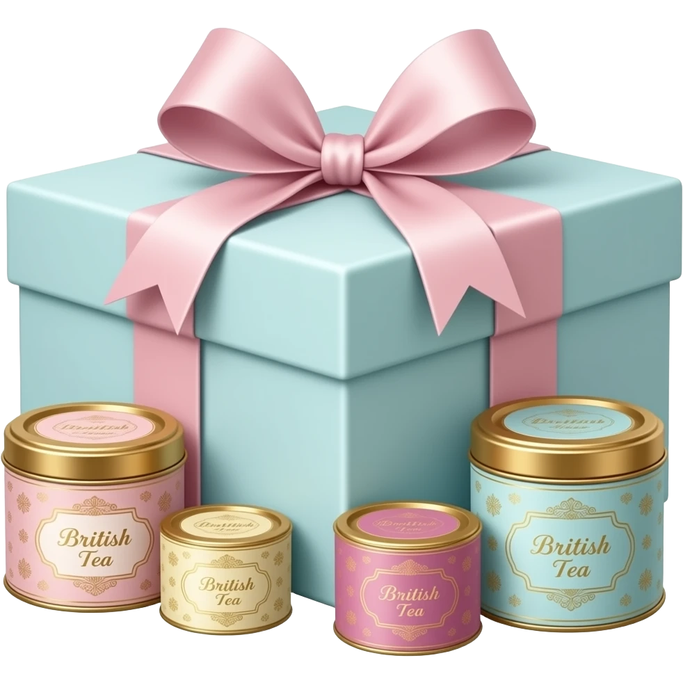 Luxury British tea hamper, isolated, centered, no background, elegant pastel box, satin ribbon, fine tea tins, feminine London luxury gifting aesthetic emoji