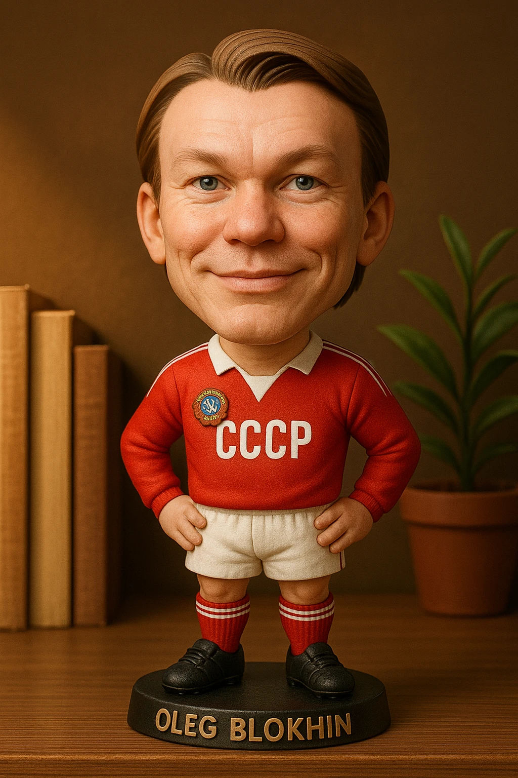 Олег Блохин в форме сборной СССР 1975 года смотрит на прямо на зрителя и слегка улыбается, освещение с левой верхней стороны кадра emoji