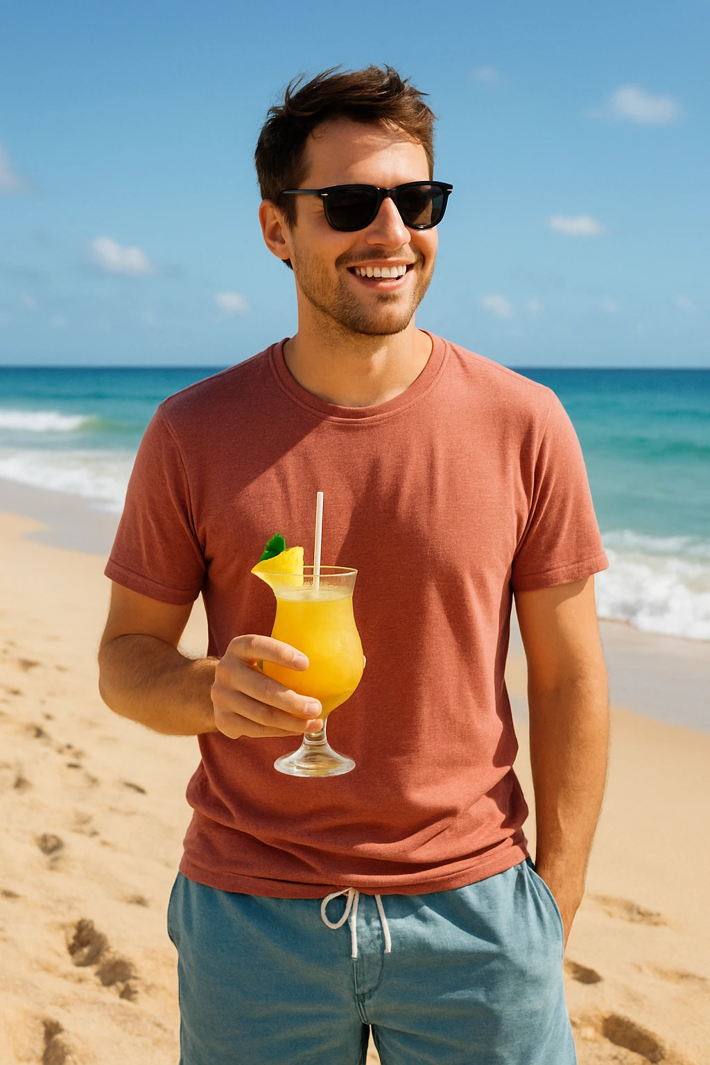 take this picture of a man and make it  beach photo with drink emoji