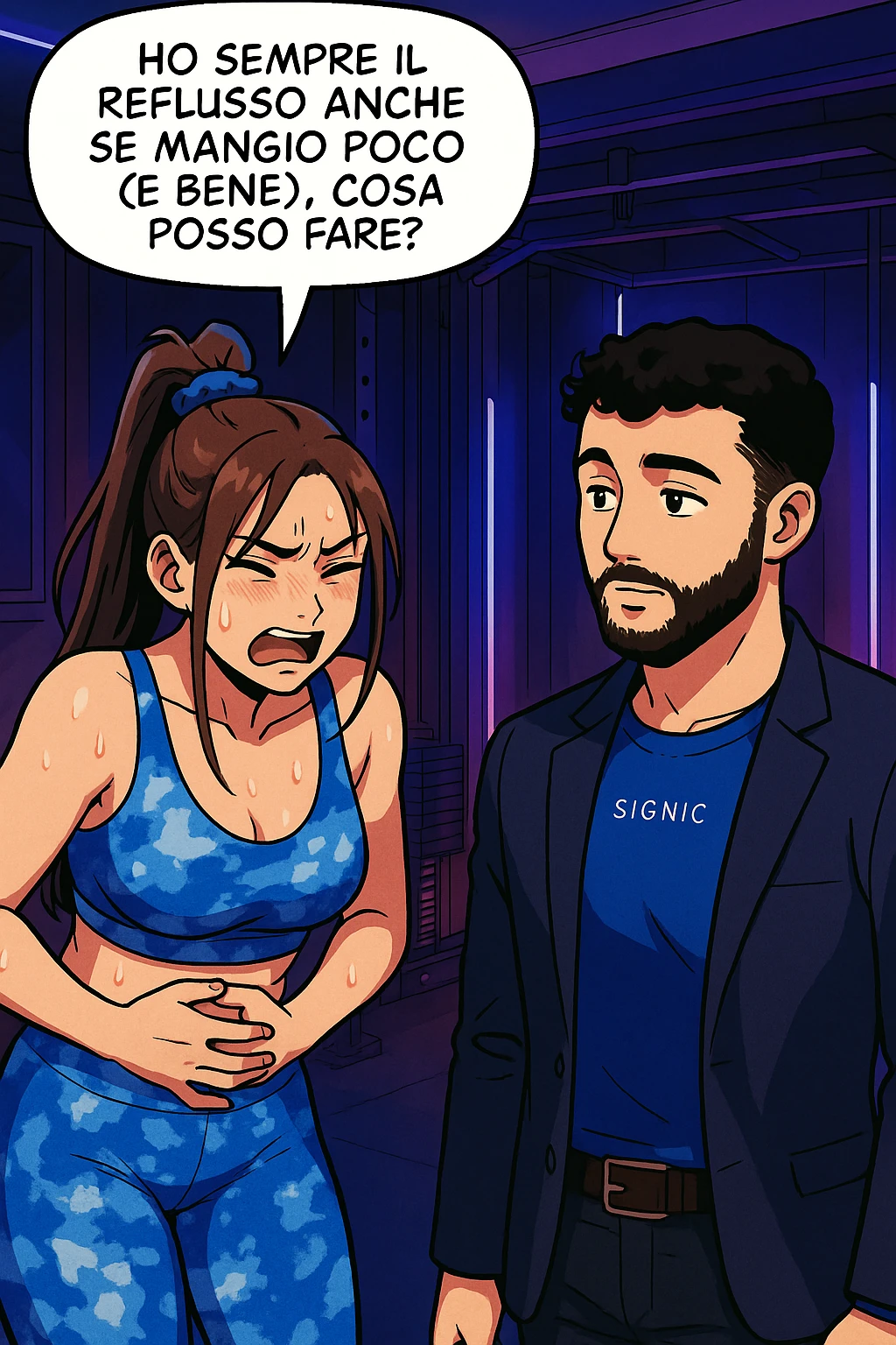 TRASFORMA QUESTO CAROSELLO IN UN FUMETTO STILE WEBTOON/MANGA A COLORI CON QUESTE DUE PERSONE IDENTICHE CHE INTERLOQUISCONO TRA LORO, LA DONNA è DISPERATA CON LE MANI sulla pania perché soffre di reflusso E STA DOMANDANDO TUTTA AGITATA UNA COSA ALL'UOMO:

LEI (DONNA): Ho sempre il reflusso anche se mangio poco (e bene), cosa posso fare?
 emoji