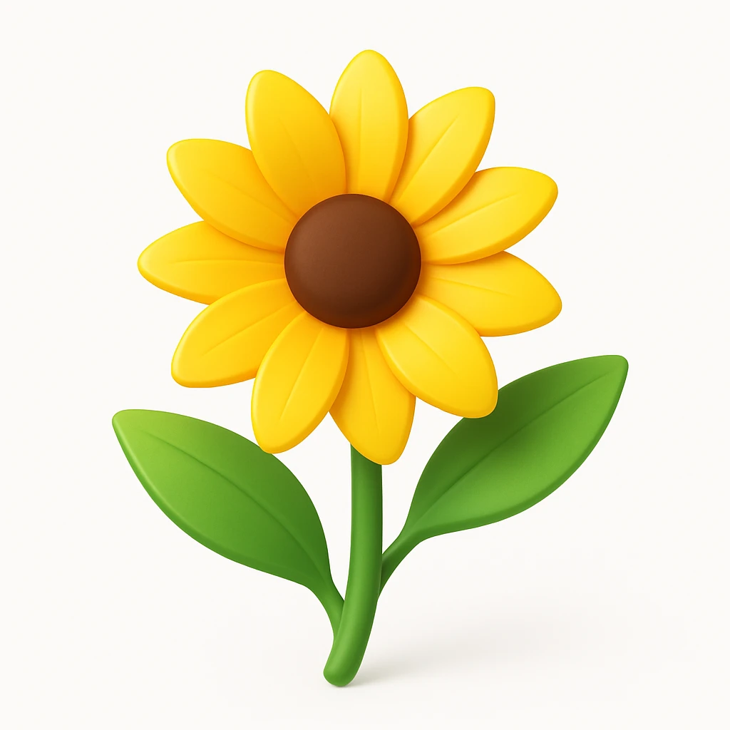 Make the yellow rudbeckia flower with green leaves more volumetric, add pronounced light and shadow effects and realistic highlights in a 3D iOS style. Use a white background. emoji