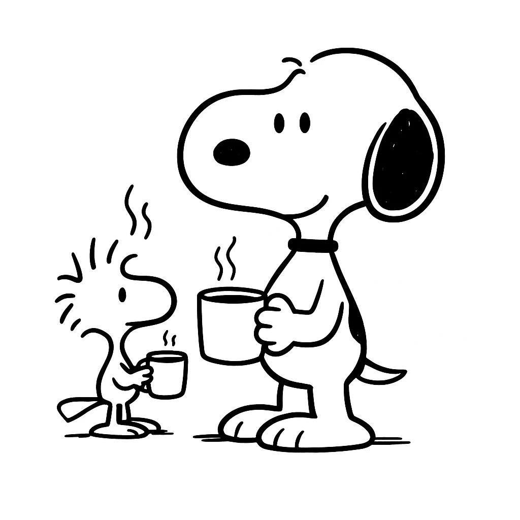 Add Woodstock standing next to Snoopy, both holding a coffee cup, in the black doodle style, preserving the original style's look. emoji