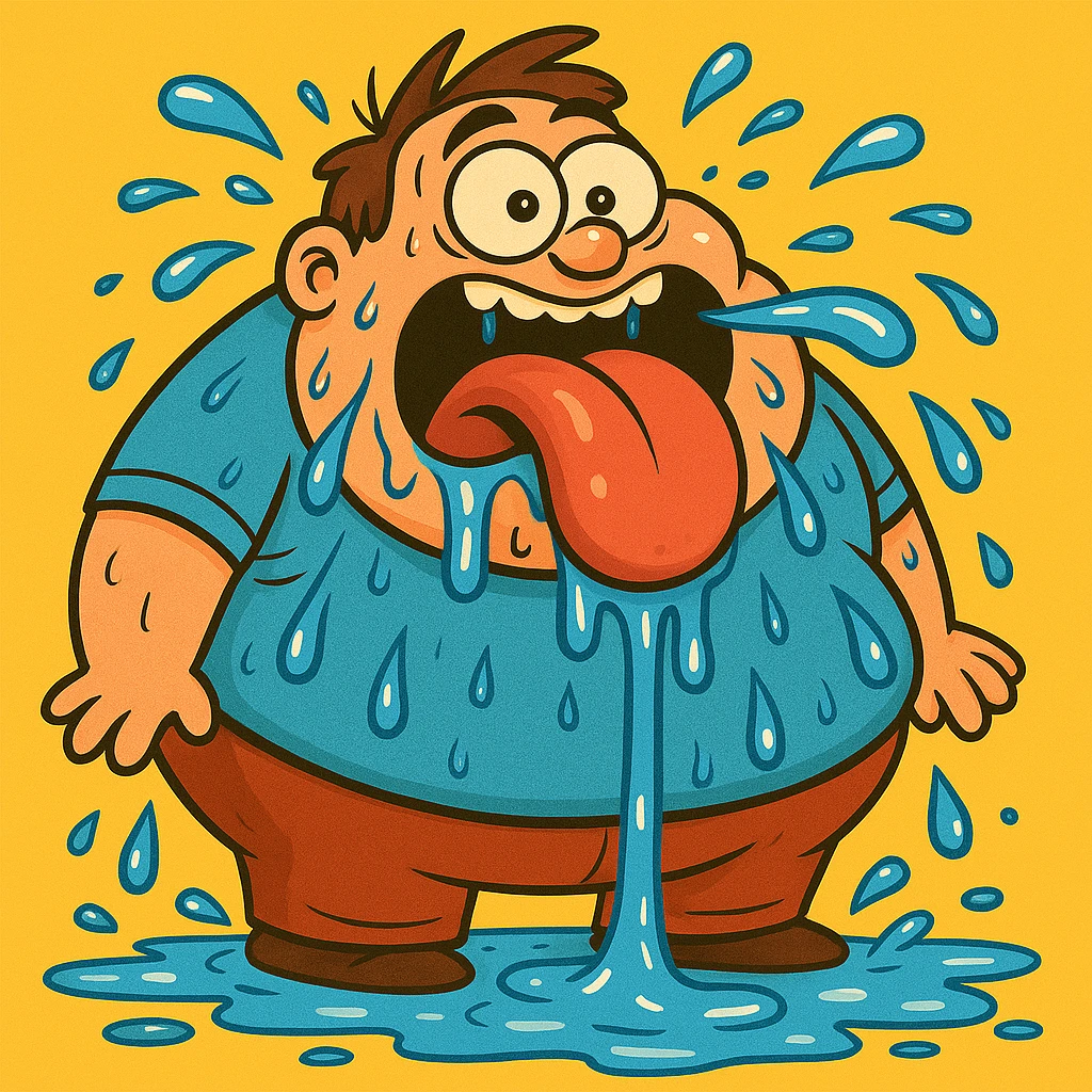 Make the fat man drool all over the ground in a cartoon style, keeping the same look as the original image. emoji