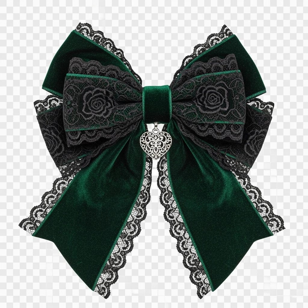 green gothic bow with black lace trim and heart charm, remove background emoji