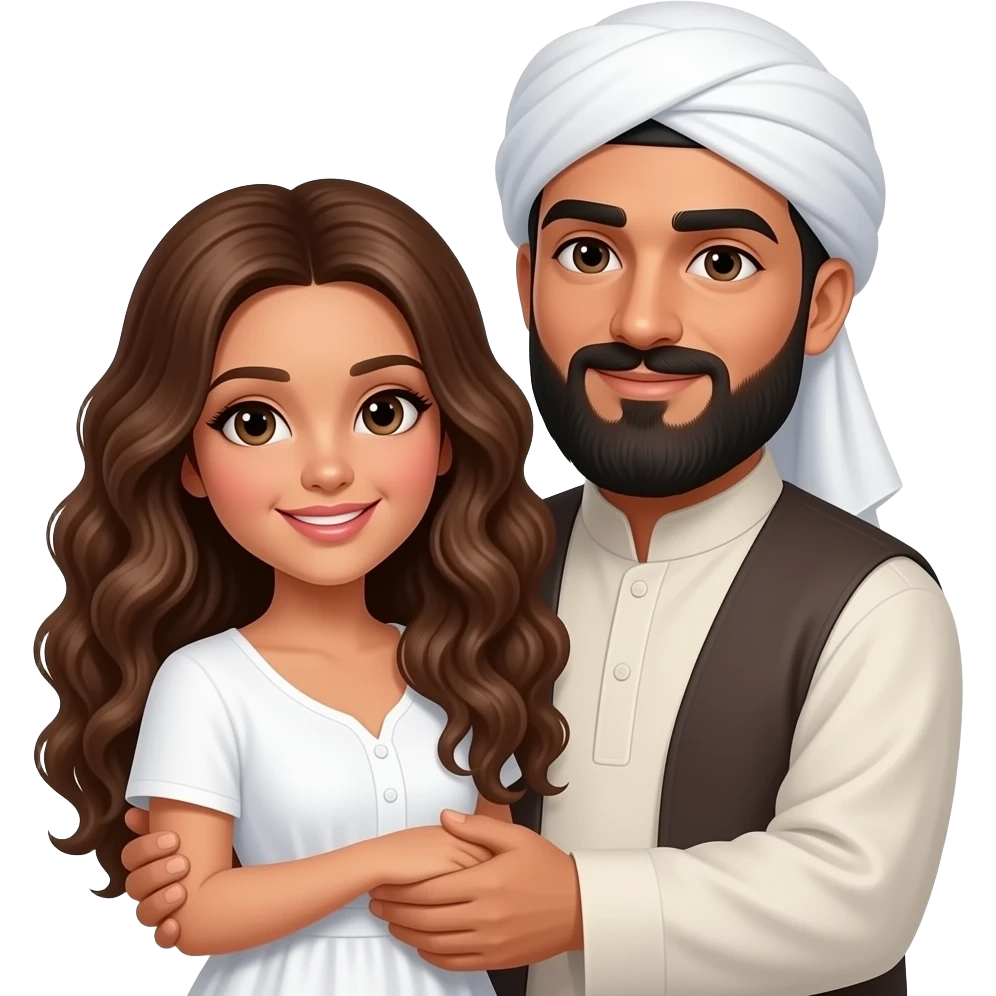 iBlack bald bearded Muslimjj man holding white long curly brown haired female  Man is bald with nothing on his head No mustache on man With a bald head with nothing on his head emoji