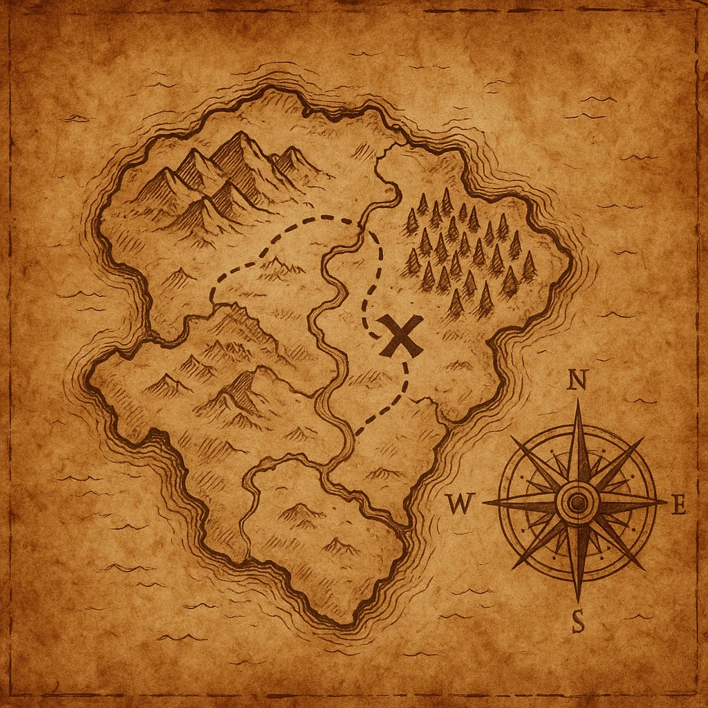 A large, realistic treasure hunt map of an imaginary island, featuring classic elements like an X marking the treasure, dotted paths, mountains, forests, rivers, a compass rose, and old parchment texture. Style: detailed, weathered, and adventurous. emoji