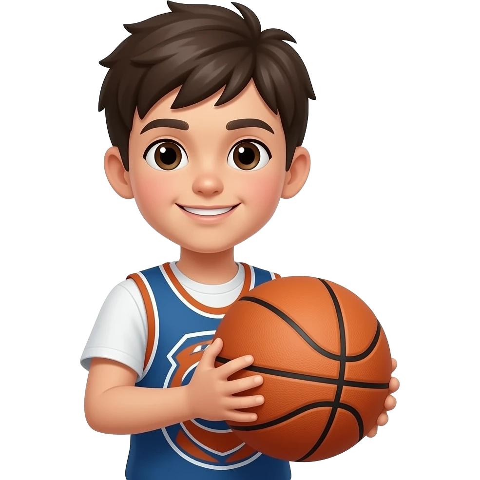 A boy holding a very big basketball emoji