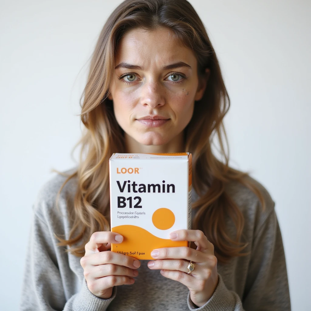 woman with vitamin B12 deficiency holding a box of vitamin B12 supplements, expression of hope but visibly exhausted, pale skin, dark circles, hyperrealistic 4K details, vertical 9:16, white background emoji