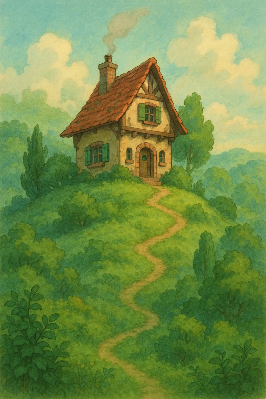 a house on a hill, Ghibli-inspired style, lush greenery, soft lighting, whimsical atmosphere emoji