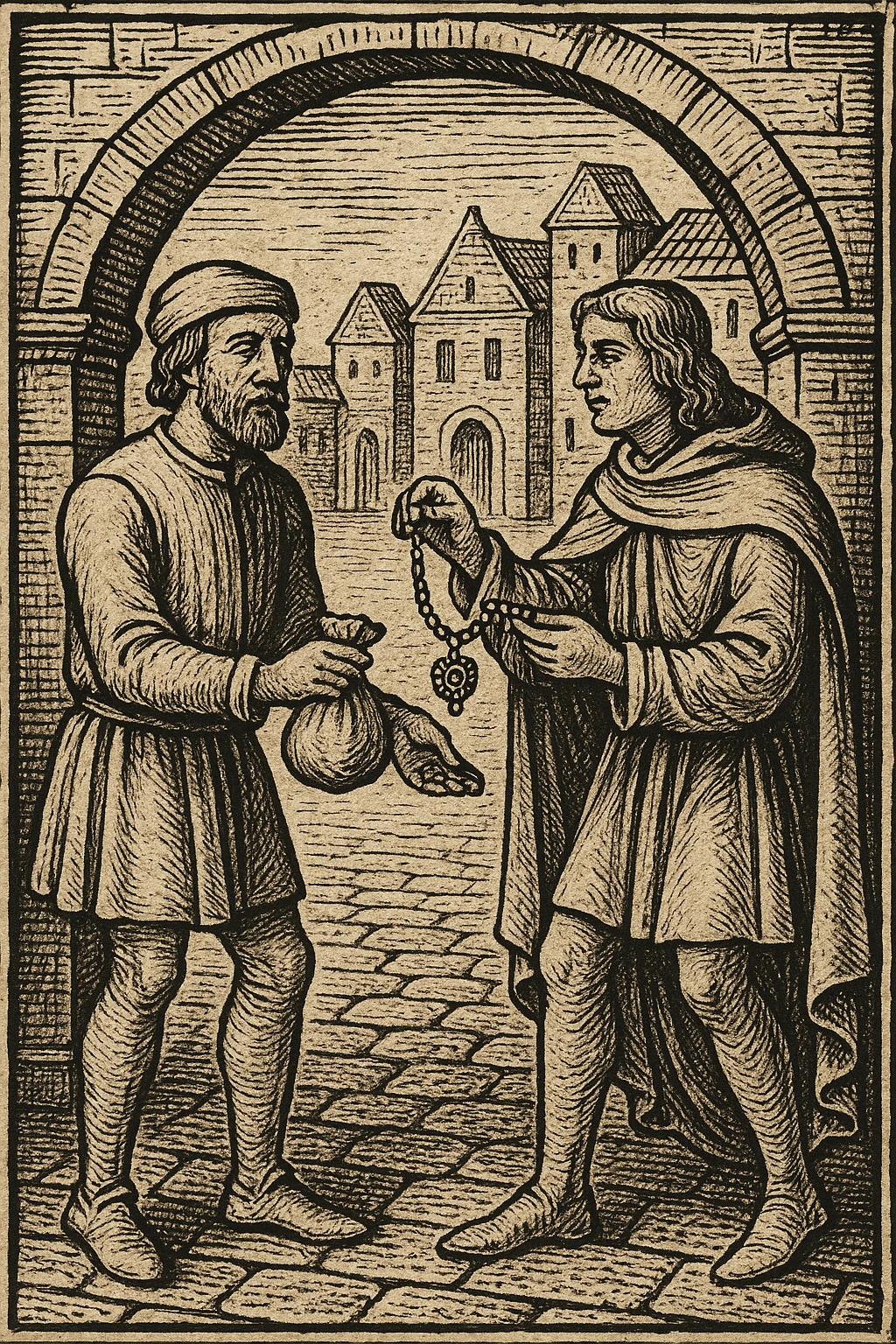 Сгенерируй мне гравюру, как в средневековье один мужчина дает другому мешочек, а другой украшение другому, они торгуют emoji