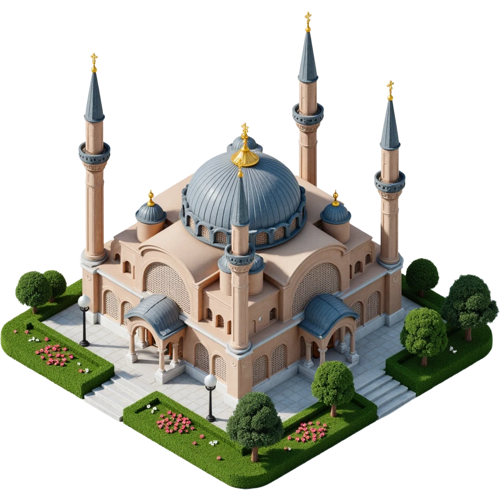 Isometric illustration of Istanbul, featuring real photorealistic Hagia Sophia with ts large central dome and four tall minarets, with real transparent background emoji