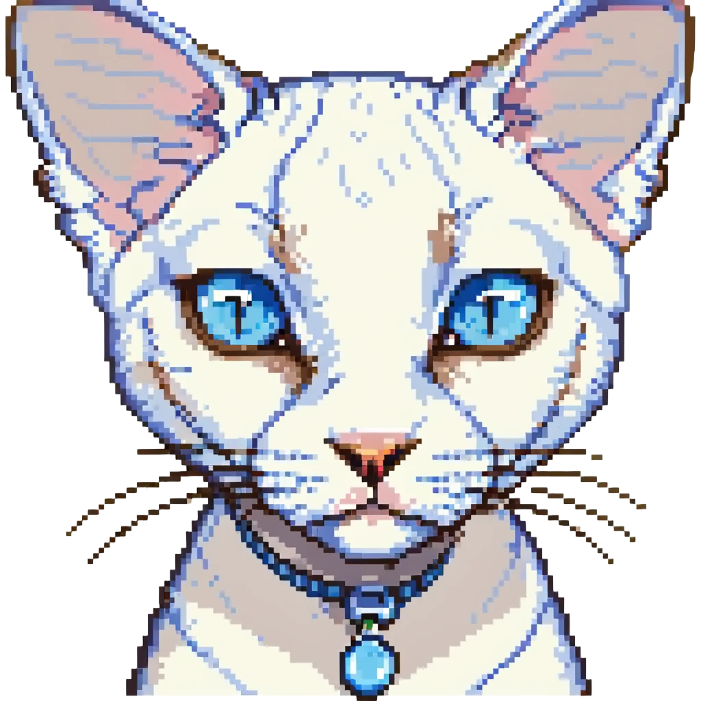 white devon-rex cat with blue eyes, pixel art style emoji