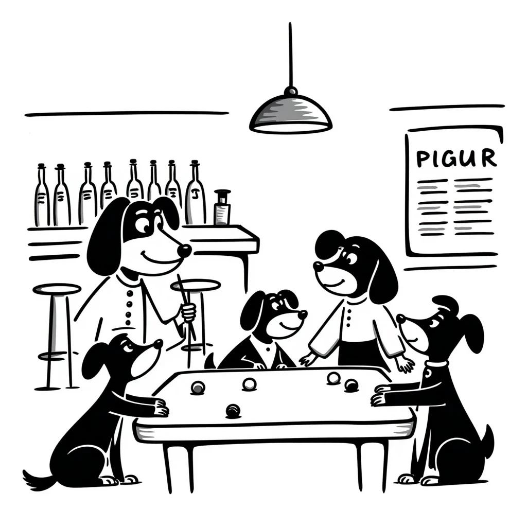 coloring page in Bobbie Goods style: group of dogs around a pool table in a bar, thick black lines, no color fill, ready to color emoji