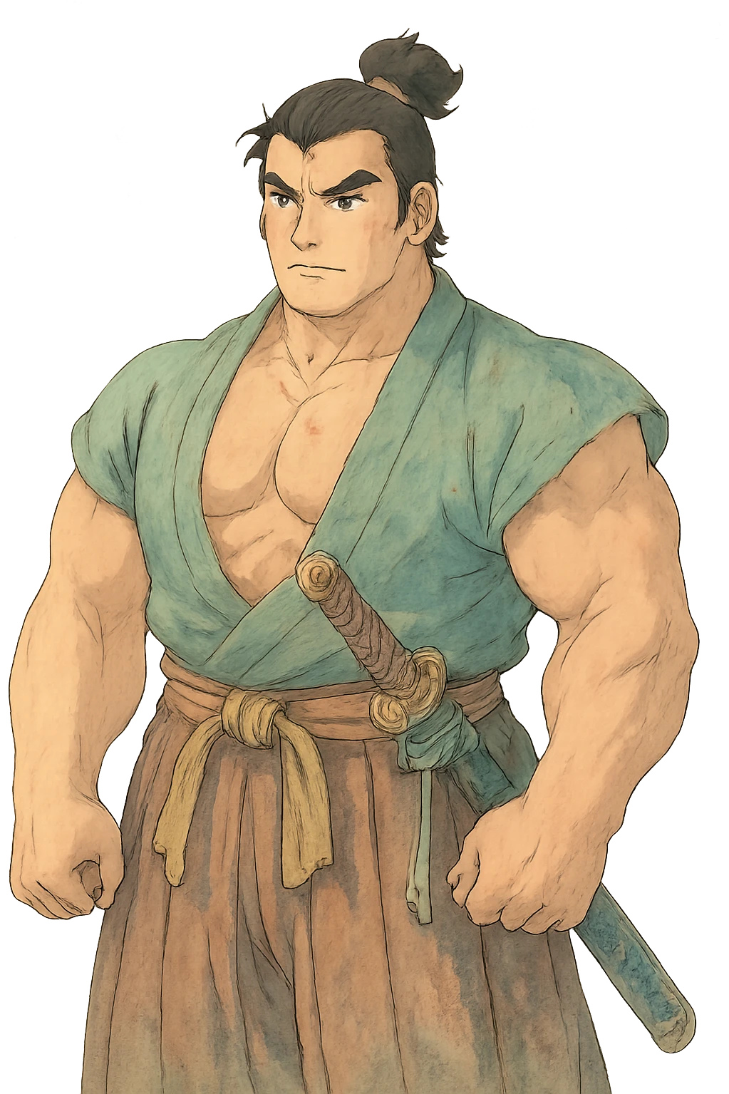 A muscular samurai with soft, dreamy colors and intricate details emoji