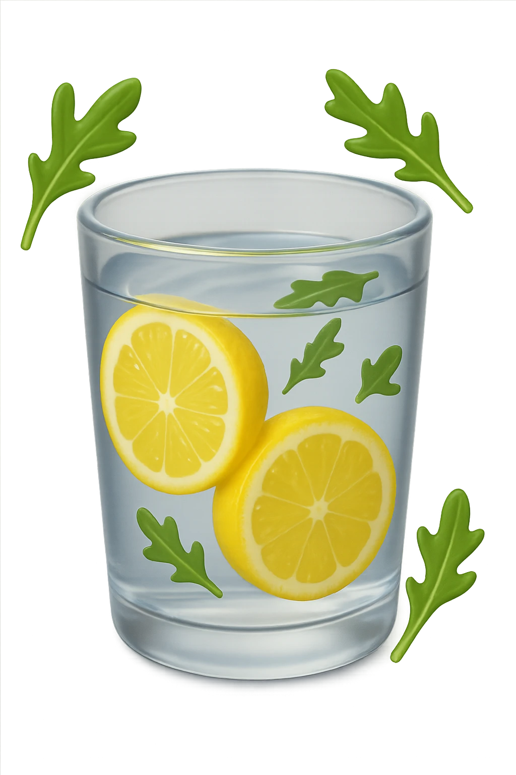 emoji stile iphone 3d di un bicchiere di acqua con limone e qualche foglia di rucola che fluttua intorno in aria, iperrealistico 4k emoji